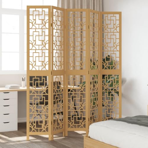 Vetnasa Biombo Separador de 5 Paneles Madera Maciza Paulownia marrón Mobiliario, Divisores de ambientes Marrón 9,4 KG