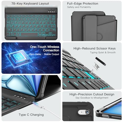 Image of RAYMCRAFT for iPad Air 11-inch Case with Keyboard M4 /M3 /M2 (2026 /2025 /2024), 360 Rotatable Case & Detachable Wireless Keyboard for iPad Air 5 /4th, 7-Color Backlit, Precision Cutouts, Pen Holder,Black
