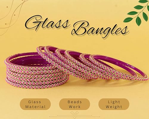 Image of NMII Glass Golden Beads & Pearls Moti Work Designer Bangles Set For Women & Girls | Kanch ki Chudi Set | Girl's Bangles Bracelet | Glass Bangles | Daily, Wedding, Party, Fashion Jewellery- Set of 12