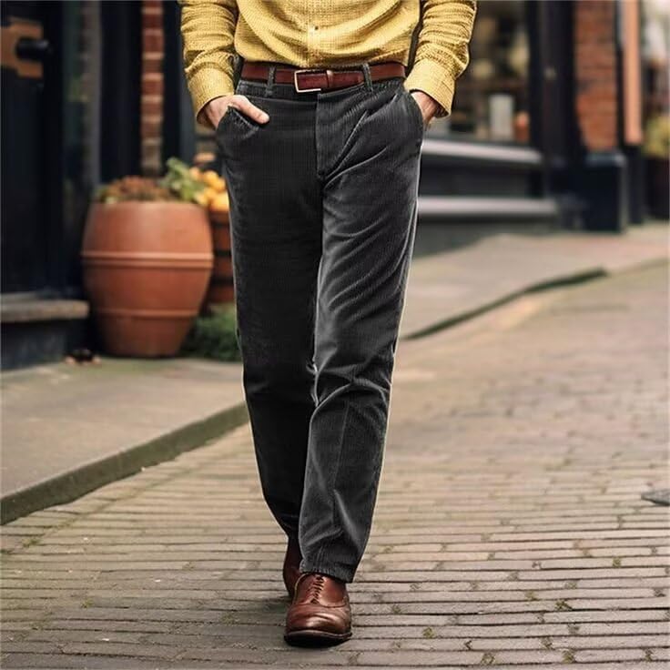 Men's Brown Corduroy Pants, Straight Leg, Warm, Winter, Casual, Flat Front, High Rise, Regular Fit, Slim, US 183