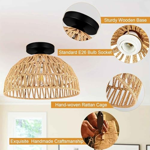 Image of Artica Rattan Ceiling Lamp - Modern Hanging Light Fixture for Bedroom, Living Room & Home Decoration | Rattan Pendant Ceiling Light (White)