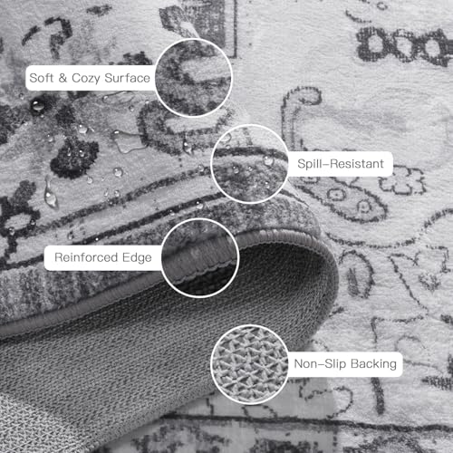 Lofus 8x10 Area Rugs for Living Room, Washable Area Rug, Rugs for Bedroom, Kitchen, Vintage Boho Carpet, Soft Non-Slip, Low Pile Large Area Rug for Office Dining Room, Floral Grey