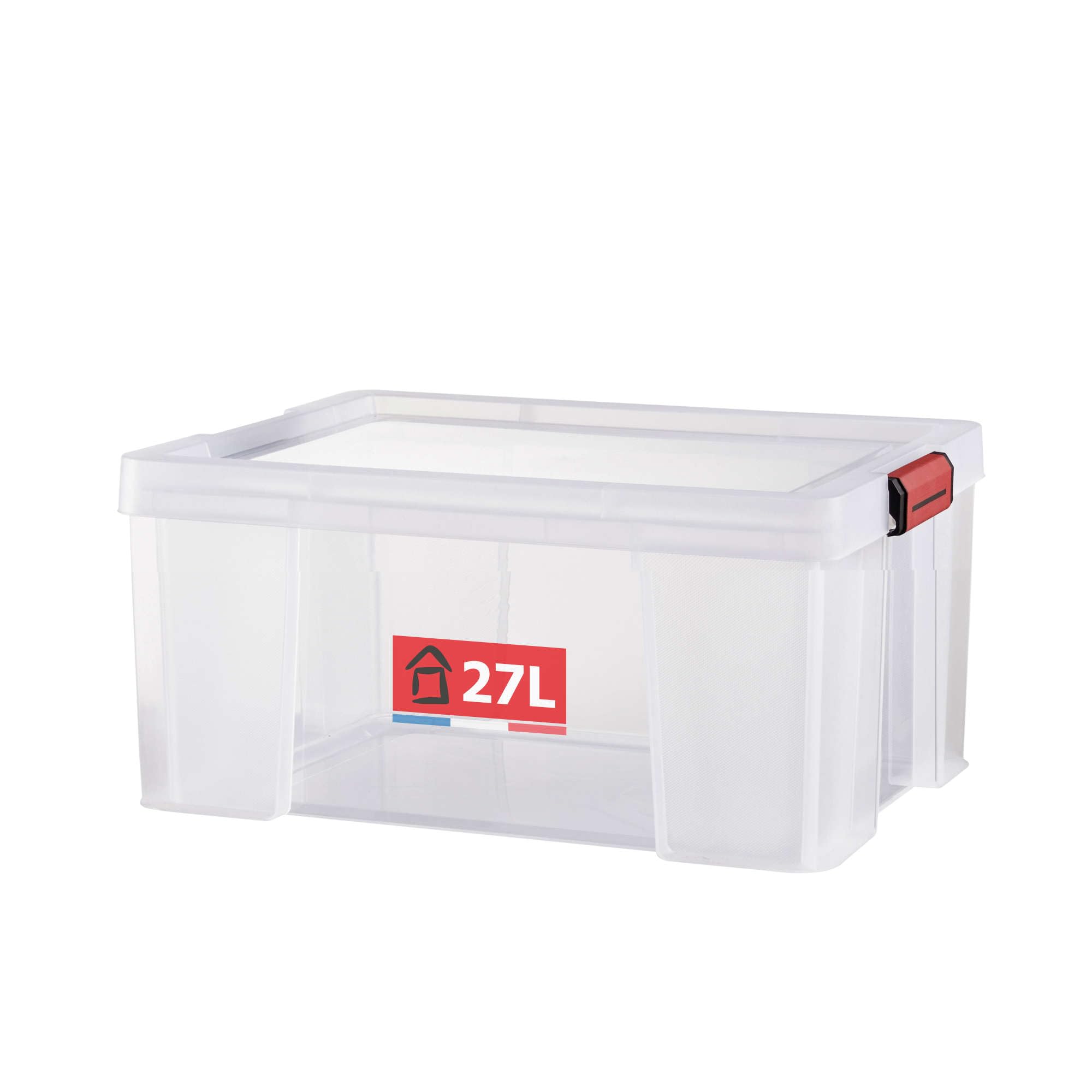 SUNDIS Clip'N Store, boîte de rangement 27L en plastique transparent, renforcée avec couvercle clipsable, aptes au contact alimentaire, parois droites, superposable et combinable