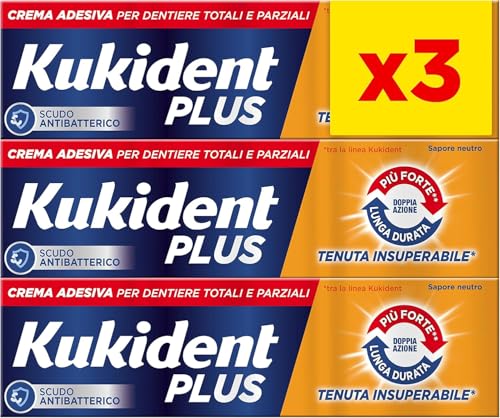 Kukident Plus Mordida insuperable crema adhesiva para dentaduras totales y parciales, sabor neutro. Paquete de 3 x 35 g
