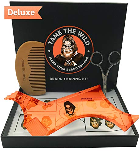 TAME’S DELUXE BEARD SHAPER KIT - For Well Groomed Men - Beard Shaping Tool for Precise Styling - Natural Pear Wood Comb for Proper Grooming - Pointy Scissors for Accurate Cuts - Storage Gift Box