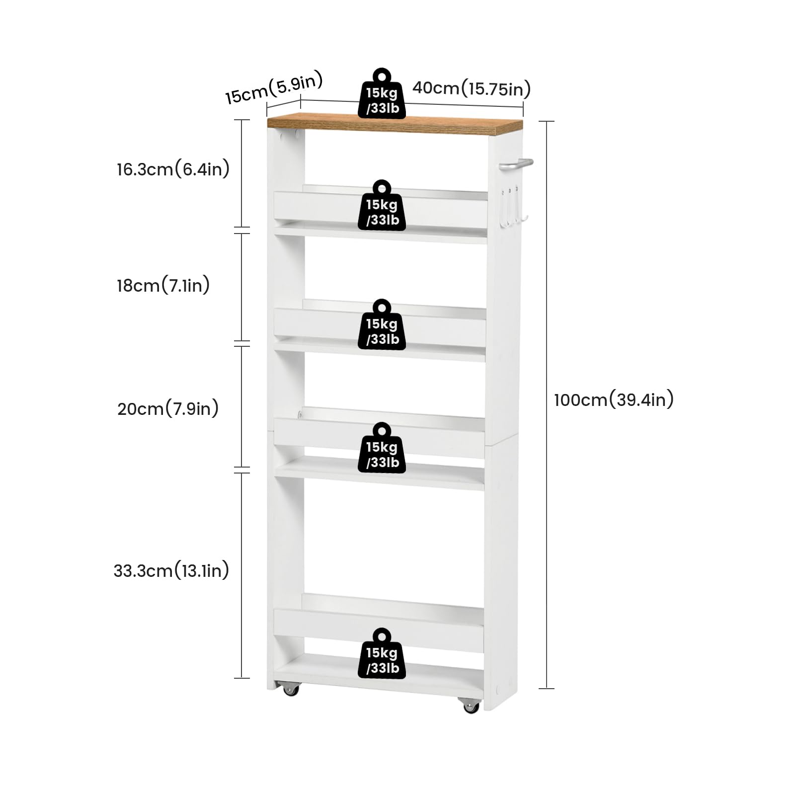 Rollwagen 5 Ebenen, Küchenwagen schmal, Nischenregal auf Rollen, Stahl, Griff, für kleine Räume, 40 x 15 x 100 cm, Küche, Bad, Wohnzimmer, Arbeitszimmer, Eichenfarben + Weiß