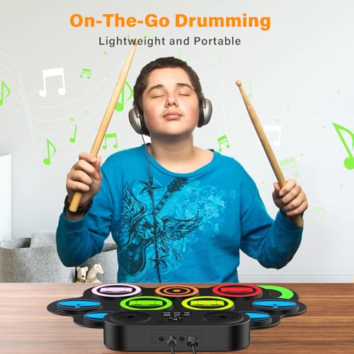 Image of Portable Electronic Drum Pad Set - 9 Pads Roll up Drum Practice Pad with Pedals & Stick, Headphone, Jack in Drum Set Kit for Kids and Adults, Great Holiday Christmas & Birthday Gift