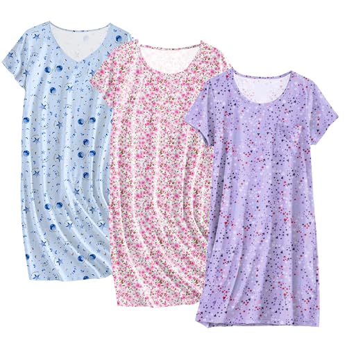 Ekouaer Cotton Nightgowns for Women 3 Pack Sleepshirts Short Sleeve Night Shirt Tshirt Night Gown Soft Sleepwear Print Sleep Dress Pink Floral/Moon Star/Purple Star Large