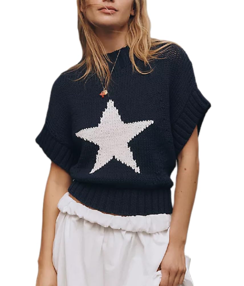 Adoeren Women Cap Sleeve Sweaters Mock Neck Cropped Knit Pullover Y2k Fall Loose Star Heart Print Going Out