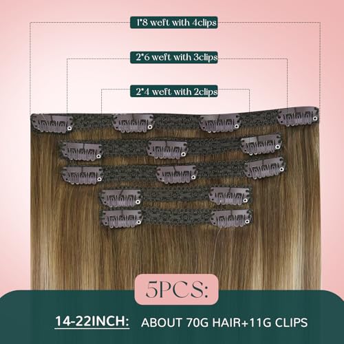 Image of Easyouth Clip in Extension Real Human Hair Balayage Clip in Real Hair Extensions Dark Brown Ombre Light Brown with Blonde Remy Human Hair Clips in Extension for Women 80G 16 Inch 5Pcs