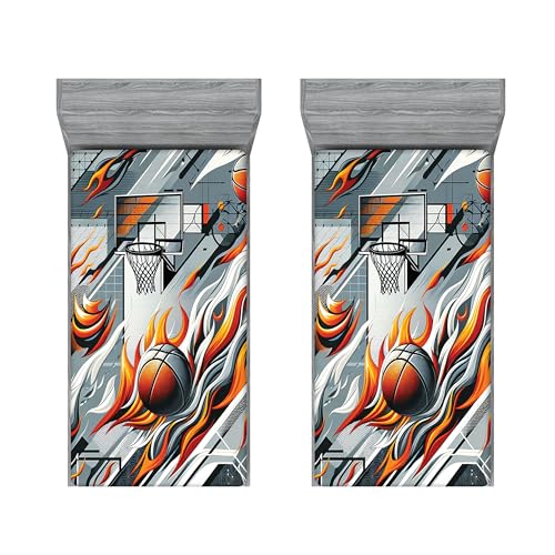 Ambesonne Basketball 2 Pack Fitted Sheet, Modern Tribals Balls Art, Bed Cover All-Round Elastic Deep Pockets 2 Pieces, Package Contains 2 Twin XL Size Fitted Sheets, Blue Grey Vermilion White