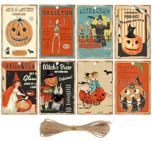 Whaline 120Pcs Halloween Paper Gift Tags Vintage Evil Pumpkin Skeleton Witch Hanging Labels with Rope for Birthday Wrapping DIY Crafts 8 Designs