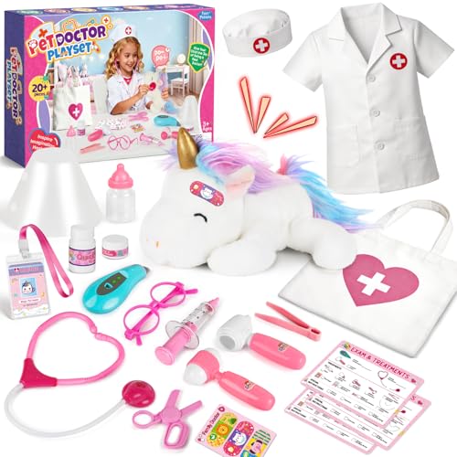 Kit Docteur Enfants, Coffret Médicale avec Peluche Licorne et Blouse de Docteur, Jeu de Rôle pour Enfants 3 4 5 6 Ans - Cadeau Noël et Anniversaire