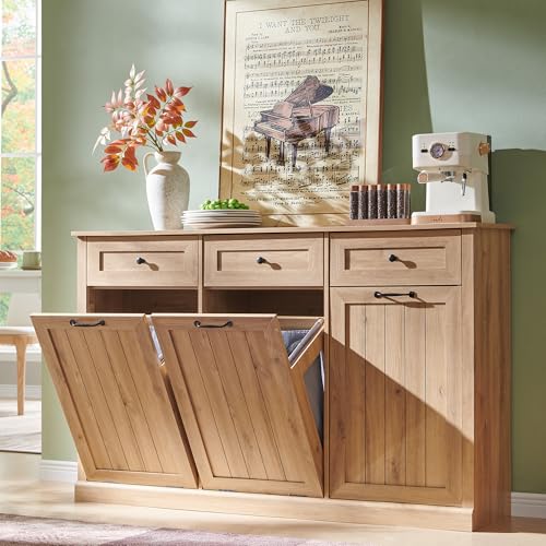 Image of IFGET Triple Tilt Out Trash Cabinet, Wood Trash Can Cabinet, Natural