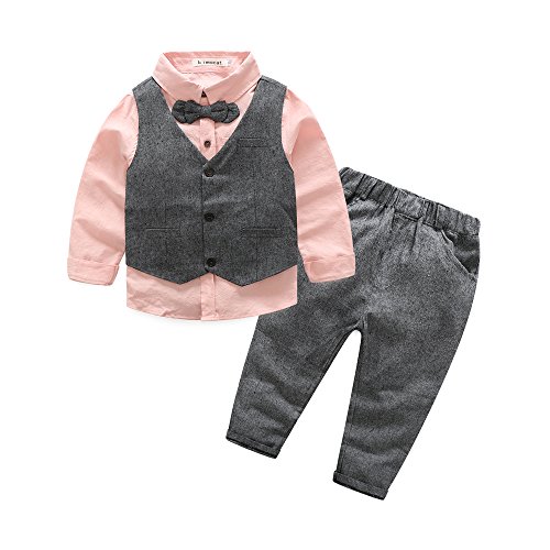Boys 3Pcs Clothing Sets Cotton Long Sleeve Bowtie Shirts +Vest +Pants Casual Suit (3T) Pink