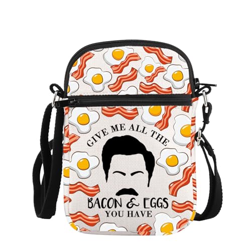 PLITI Comedy TV Show Inspired Gift Ron Swanson Gift Give Me All The Bacon & Eggs You Have Funny Ron Quotes Crossbody Bag