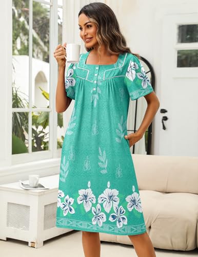 Image of Ekouaer Women's House Dress with Pocket Button Mumus | Short Sleeve Nightgown, Floral Print Mumu Dresses, Square Casual Sleepwear, Boho Roomy Housecoat, Plus Size Soft Sleepwear