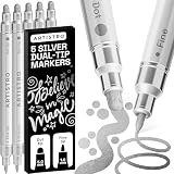 ARTISTRO 5 Silver Dual-Tip Acrylic Paint Markers – Paint Pens Set with Dot & Fine Tips for Fabric, Rock, Glass, Wood, Coloring Books – Arts & Crafts Gift – Classroom Must Haves & School Supplies