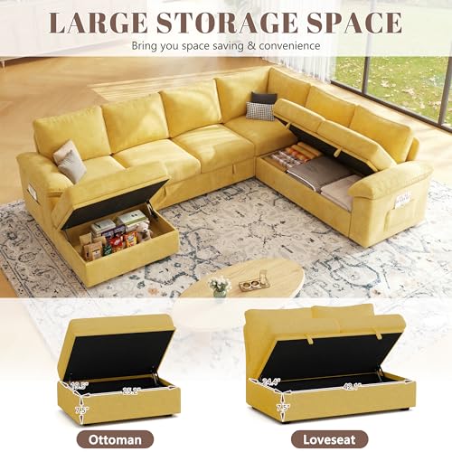Image of 108 Inch Modular Sectional Sofa with Pull Out Bed,U Shaped 7 Seat Sectional Sleeper Sofa with Storage,Sectional Couches for Living Room,Cloud Modular Couch,Removable Sofa Cover,Yellow