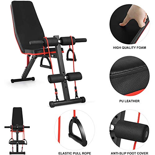 Weight Bench for Full Body Workout, 7 Position Adjustable Workout Bench With Adjustable Back Pillow Multi-Purpose Foldable Incline Decline Strength Fitness Training Exercise with Resistance Band