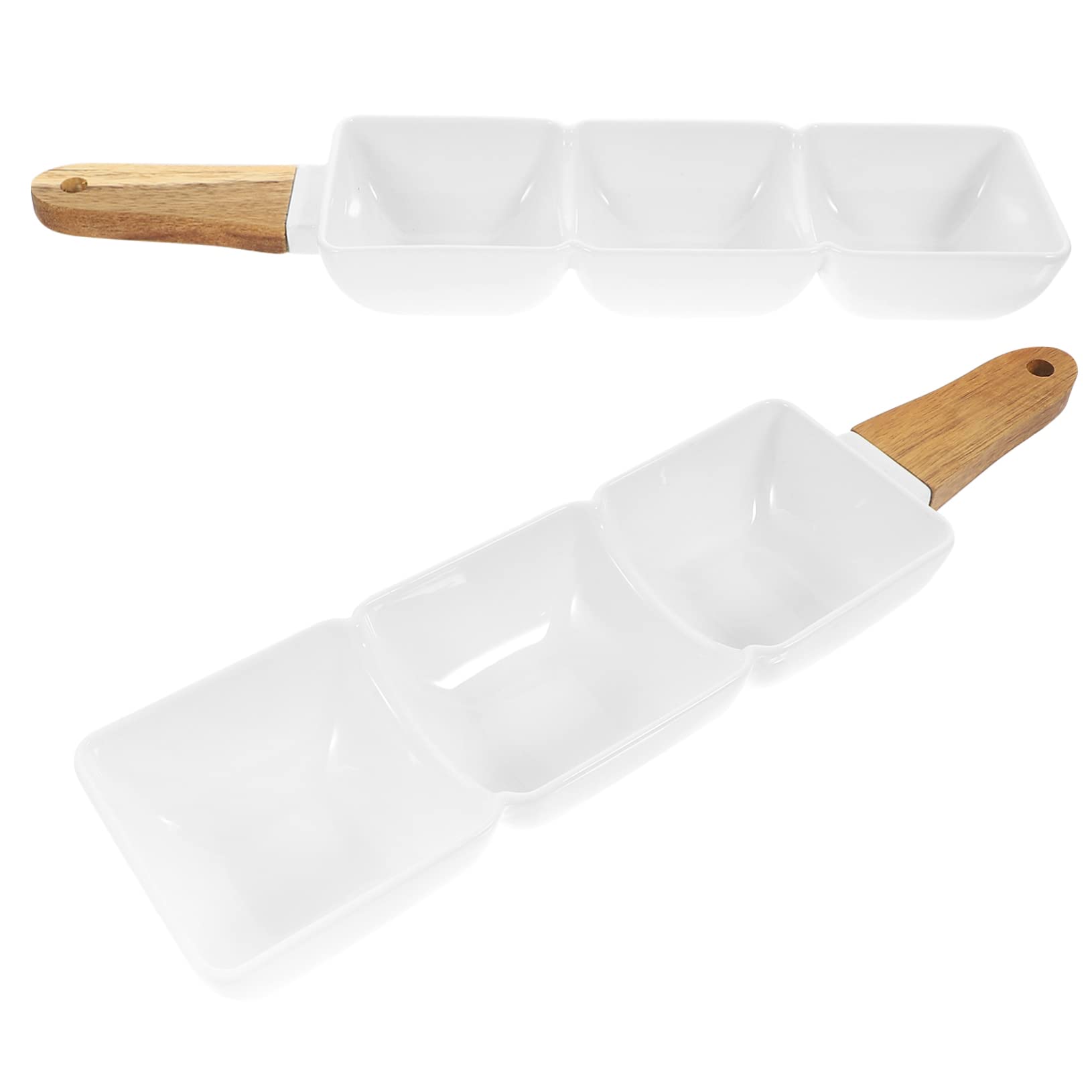 Sosoport 2 piezas Bol de Cerámica con Asa de Madera y Compartimentos para Snacks y Ensaladas para Aperitivos y Decoración de Mesa