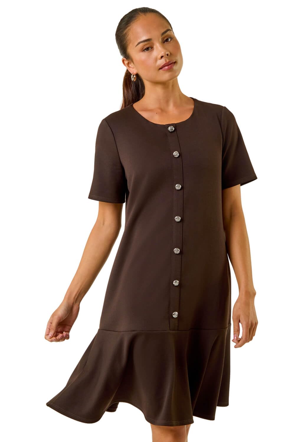 Roman Petite Flute Hem Stretch Dress for Women UK - Ladies Everyday Autumn Winter Round Neckline Comfy Soft Evening Vacation Work Party Night Out - Petite Chocolate - Size 14