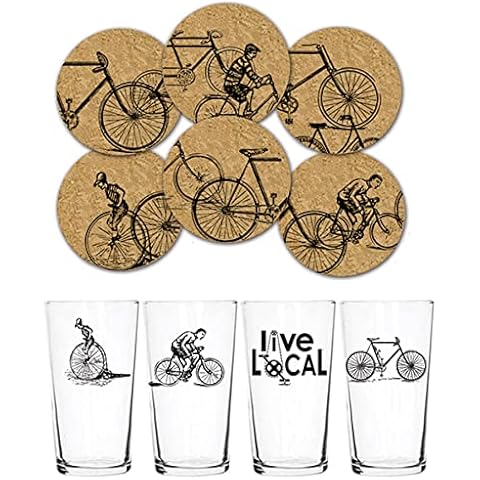 Corkology.com Antique Bikes Pint Pack with Matching Coaster Set, Clear Cover