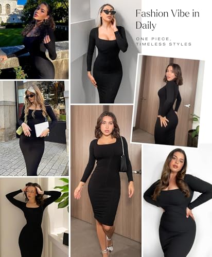Popilush Dress Long Sleeve Midi Bodycon Dresses for Women Square Neck Shapewear Tummy Control Built-in Bra Party2