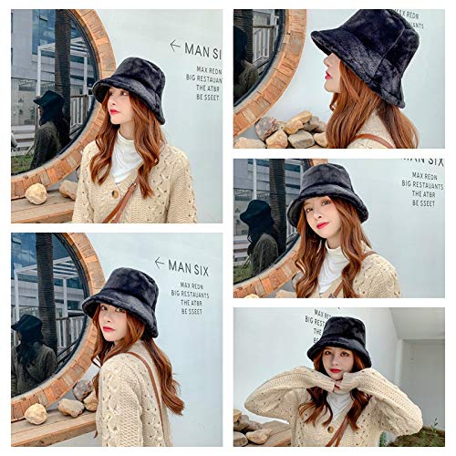 Ankomina Women Girls Fashion Faux Fur Bucket Cap Ladies Wide Brim Fluffy Winter Warm Fisherman Hat Black #TOP3