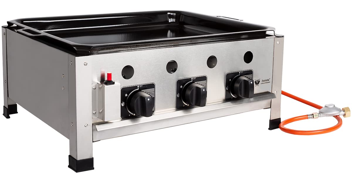Beeketal 'GGB-1' Profi Gastrobräter Gasgrill mit emaillierter Stahlpfanne, 3-flammig, Piezo Zünder, 3 x Gasregler stufenlos, Gasbräter inkl. emaillierter Stahlpfanne, Gasschlauch und Druckminderer