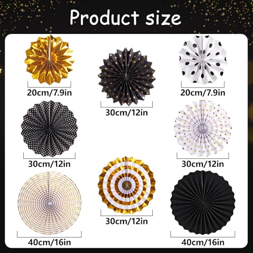 Image of Black and Gold Decorations, Hanging Honeycomb Paper Pompoms Fan for Graduation Birthday Wedding Photo Backdrop Prom Night New Years Black and Gold Party Decorations, Set of 8