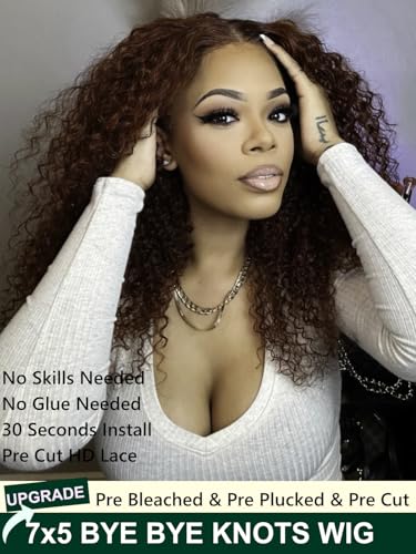 Image of KLAIYI Bye Bye Knots Glueless Wig Reddish Brown Curly Pre Cut 7x5 Lace Front Wigs Human Hair Drawstring Pre Plucked Bleached 30S Ready to Wear and Go Wig Water Wave Beginner Wigs with Baby Hair 14Inch