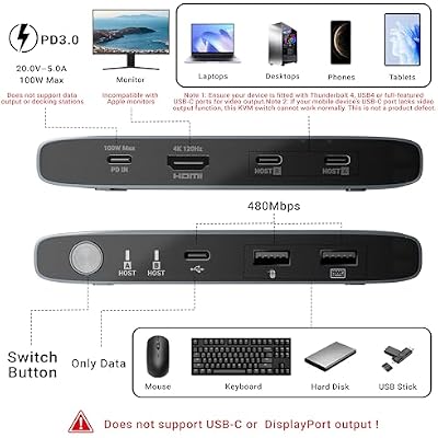 MINIX K1 USB C KVM Switch 1 Monitors 2 Computers, 4K@120Hz HDR, 100W PD 3.0, Dual USB-C Input KVM Switches, Share Keyboard & Mouse, Aluminum Design, Compatible with Windows, Mac, Linux, Android