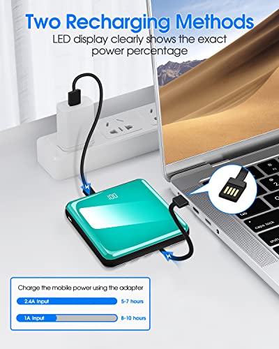 Power Bank with Built in Cables, 10000mAh Slim Portable Charger LED Display, Small External Battery Pack with 4 Inputs and 5 Outputs Phone Charger for iPhone Samsung Huawei iPad etc (blue)