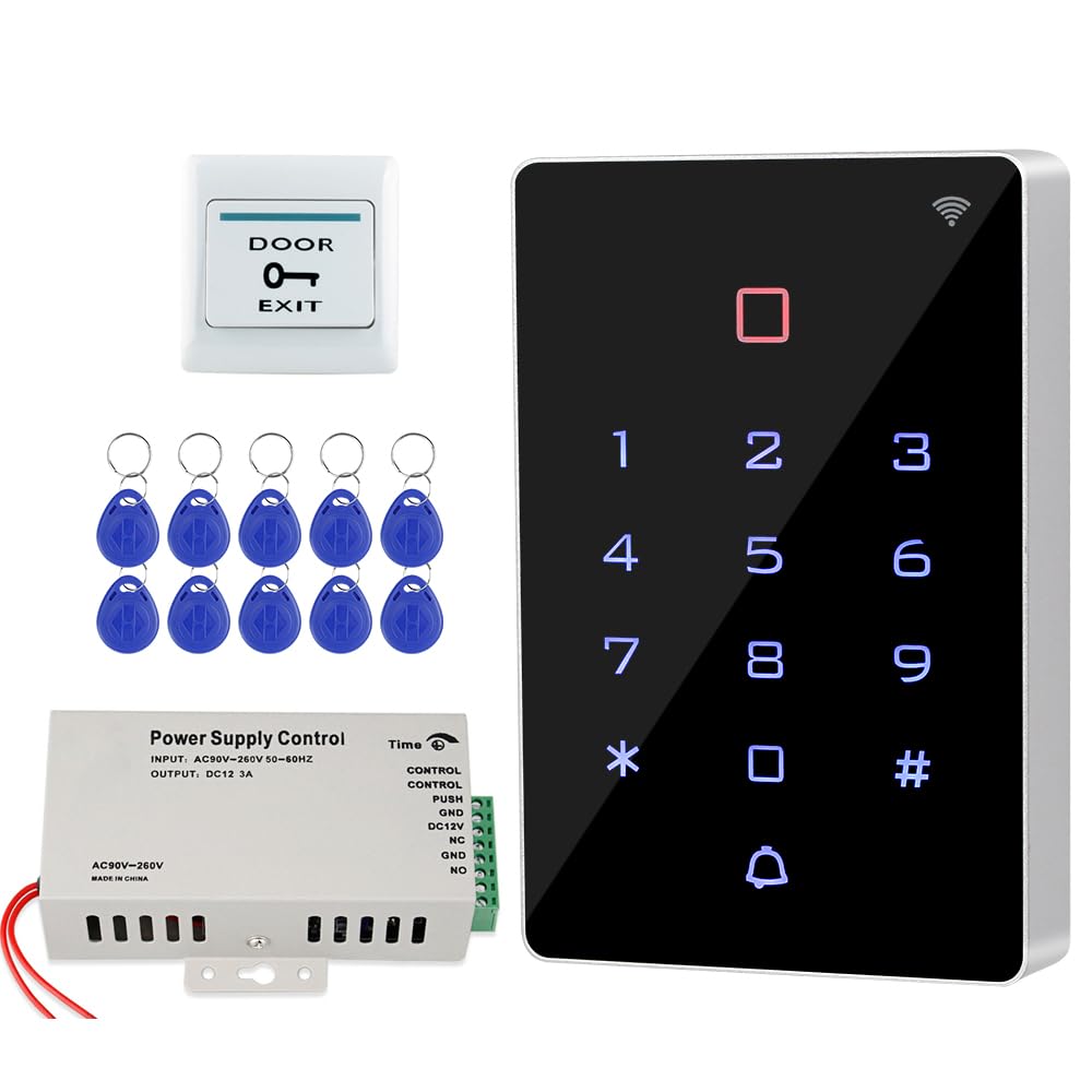 Système de contrôle d'accès Wi-Fi graffiti pour 2000 utilisateurs, clavier RFID tactile entièrement étanche, alimentation DC 12 V/3 A, bouton de sortie, 10 étiquettes de clé 125 kHz (sans verrouillage
