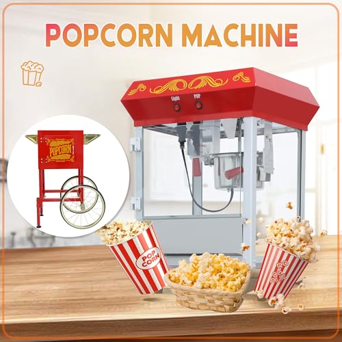 Image of 8 Oz Popcorn Machine Cart, 650 W, Popcorn Maker Machine with Stainless-Steel Kettle, Movie Theater Popcorn Machine with Steel Frame Tempered Glass Doors & Heated Warming Deck, Red
