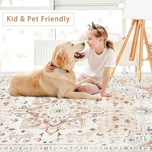 Washable Rugs 8x10 Area Rugs for Living Room,Rugs for Bedroom,Large Carpets,Ultra Soft Faux Wool Retro Dining Room Rug,Non Slip&Non-Shedding Low Pile Vintage Print Rug for Home Office,Orange