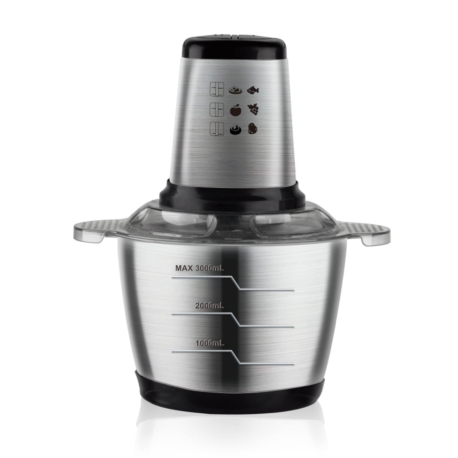 Picadora eléctrica de alimentos, picadora de carne de 1000 W con 4 cuchillas, cuenco de acero inoxidable de 3 L, procesador de alimentos versátil para carne, verduras y frutas