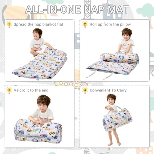 image for Lasoftan Toddler Nap Mat with Pillow and Blanket, Extra Large Rolled N