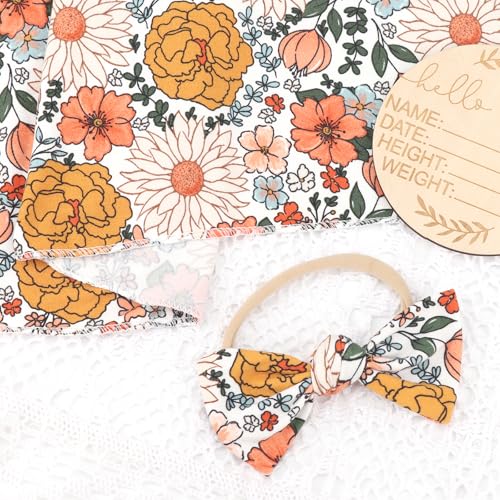 Image of DRESHOW BQUBO Baby Girl Newborn Receiving Blanket with Bow Hat Headband Wooden Birth Announcement Card Set Baby Floral Print Nursery Swaddle Wrap