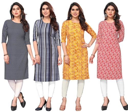 Image of JAKHANA Women's Crepe Printed Casual Straight Calf Length Round Nick Kurta Pack of 4