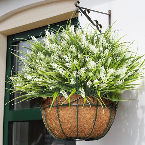 Image of Grunyia 20 Bundles Artificial Plants Outdoor Fake Monkey Grass with Flowers (White)
