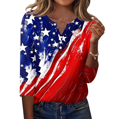 Image of 4th of July Shirts Women 3 /4 Length Sleeve Womens Tops Henley Neck Casual Patriotic T Shirts