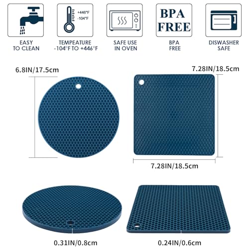 Image of Silicone Trivets for Hot Dishes, 4 PCS Multipurpose Heat Resistant Mat Thick Silicone Hot Pads Pot Holders for Kitchen Counter, Flexible Jar Opener Food Grade Spoon Holder, Indigo Coasters