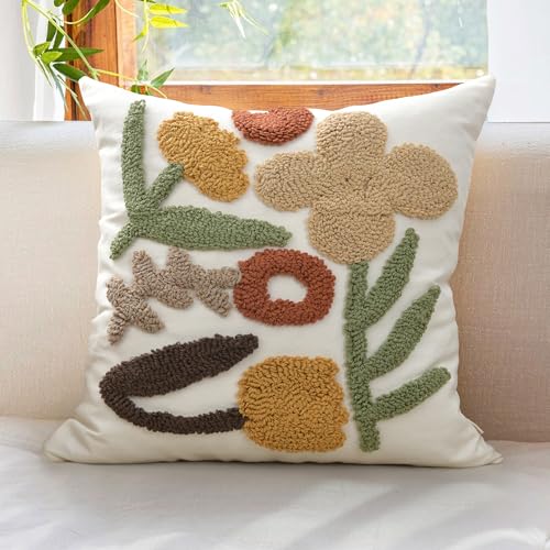LOOPUINHOM Boho Throw Pillow Covers 18x18 Tufted Fall Floral for Sofa Bed