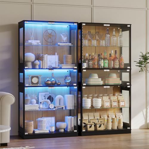 ZKIODV Glasvitrine mit LED Beleuchtung, 5-Lagen Vitrinenschrank Glas Stehend, Holz Vitrine mit Intelligente Sensorik, Sammlervitrine Staubdicht für Wohnzimmer Schlafzimmer Büro - 165x80 cm (Schwarz)