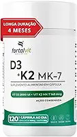 Vitamina D3 + K2 Longa Duração: 4 Meses Uso, 2000UI D3, 149mcg Vitamina K2 MK-7, 120 Cápsulas, Fortalvit