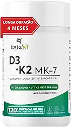 Vitamina D3 + K2 Longa Duração: 4 Meses Uso, 2000UI D3, 149mcg Vitamina K2 MK-7, 120 Cápsulas, Fortalvit