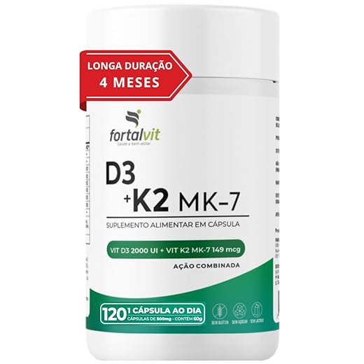 Vitamina D3 + K2 120 Cápsulas 4 Meses de Uso Longa Duração, 2000UI D3 149mcg Vitamina K2 MK-7, Fortalvit