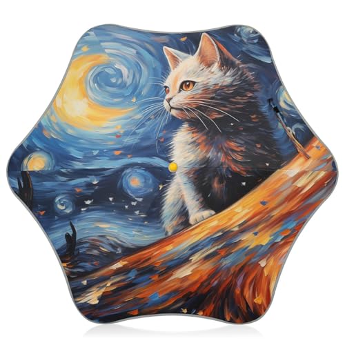 Gato De Dibujos Animados De Luna Acuarela Paraguas Plegable con Botón para Niños con Elementos Reflectantes de Seguridad Protección UV para Niños y Niñas